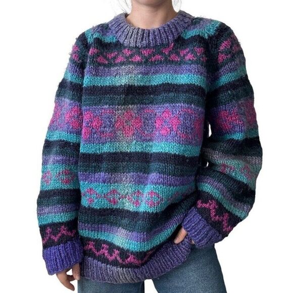 Vintage Ecuadorian Chunky 100% Wool Striped Rainbow Oversized Sweater Sz XL - Picture 1 of 7